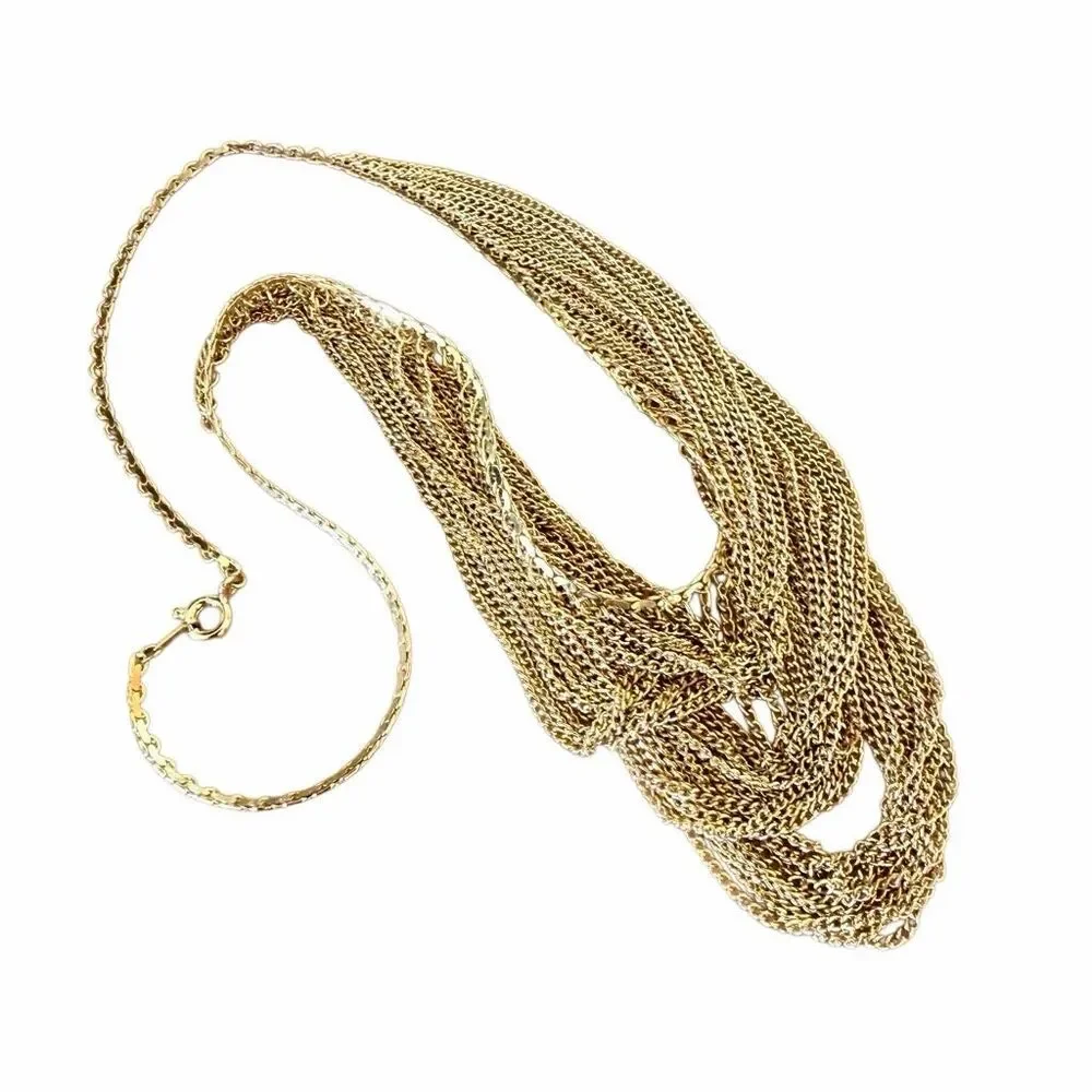 Vintage Gold Tone Multi Strand Draped Chain Statement Necklace